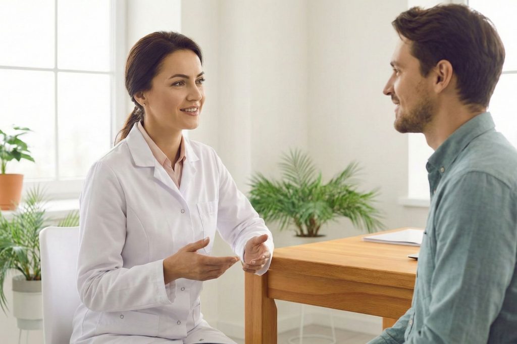 Doctor de Privaclinic explicando tratamiento de salud integral a paciente Doctor de Privaclinic explicando tratamiento de salud integral a paciente